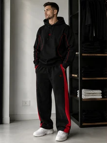 Manfinity EMRG Men's Hoodie Sweatshirt Set, Printed And Black-Red Color Block Fashion Versatile Style, Suitable For Daily Streetwear, Also An Ideal Gift For Boyfriend Or Husband - Multicolor - View 3