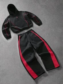 Manfinity EMRG Men's Hoodie Sweatshirt Set, Printed And Black-Red Color Block Fashion Versatile Style, Suitable For Daily Streetwear, Also An Ideal Gift For Boyfriend Or Husband - Multicolor - View 4