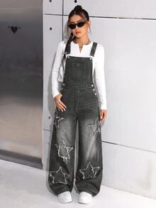 SHEIN بدلة عمل فضفاضة من الدنيم الأسود بنجمة مهترئة للفتيات المراهقات بأسلوب Y2K - الأسود - مشاهدة 3