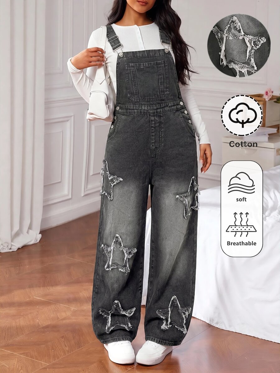SHEIN Teen Girls Frayed Star Black Denim Loose Overalls Y2K - Black - View 1