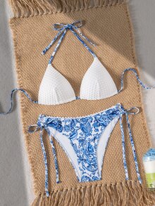 Swim Vcay 2 件套全新夏季随机纹理印花三角吊带比基尼泳装带花卉装饰，优雅性感海滩度假泳池派对女士泳装 - 藍白色 - 查看 6