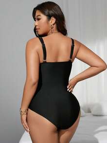 SHEIN Swim Curve 大码女式交叉渐变色网眼拼接连体泳衣，夏季海滩度假 - 黑與白 - 查看 2