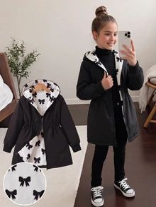 SHEIN 少女夾克，黑白配色抓絨內裡附蝴蝶結，休閒可愛牛仔風，秋冬保暖，時尚百搭，拉鍊連帽款 - 黑色 - 查看 2