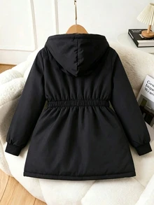 SHEIN 少女夾克，黑白配色抓絨內裡附蝴蝶結，休閒可愛牛仔風，秋冬保暖，時尚百搭，拉鍊連帽款 - 黑色 - 查看 3