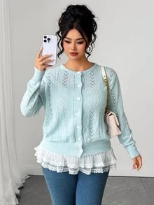 Elenzga كارديجان صوف نسائي برقبة دائرية وتصميم مفرغ بلون سادة متعدد الاستخدامات للربيع والصيف والشتاء - الأزرق - مشاهدة 1