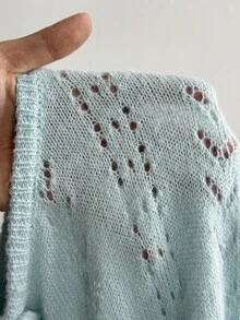 Elenzga كارديجان صوف نسائي برقبة دائرية وتصميم مفرغ بلون سادة متعدد الاستخدامات للربيع والصيف والشتاء - الأزرق - مشاهدة 7