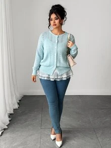 Elenzga كارديجان صوف نسائي برقبة دائرية وتصميم مفرغ بلون سادة متعدد الاستخدامات للربيع والصيف والشتاء - الأزرق - مشاهدة 5