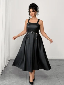 SHEIN Elenzya Plus Size Women's Elegant High-End Button PU Material Dress - Black - View 6
