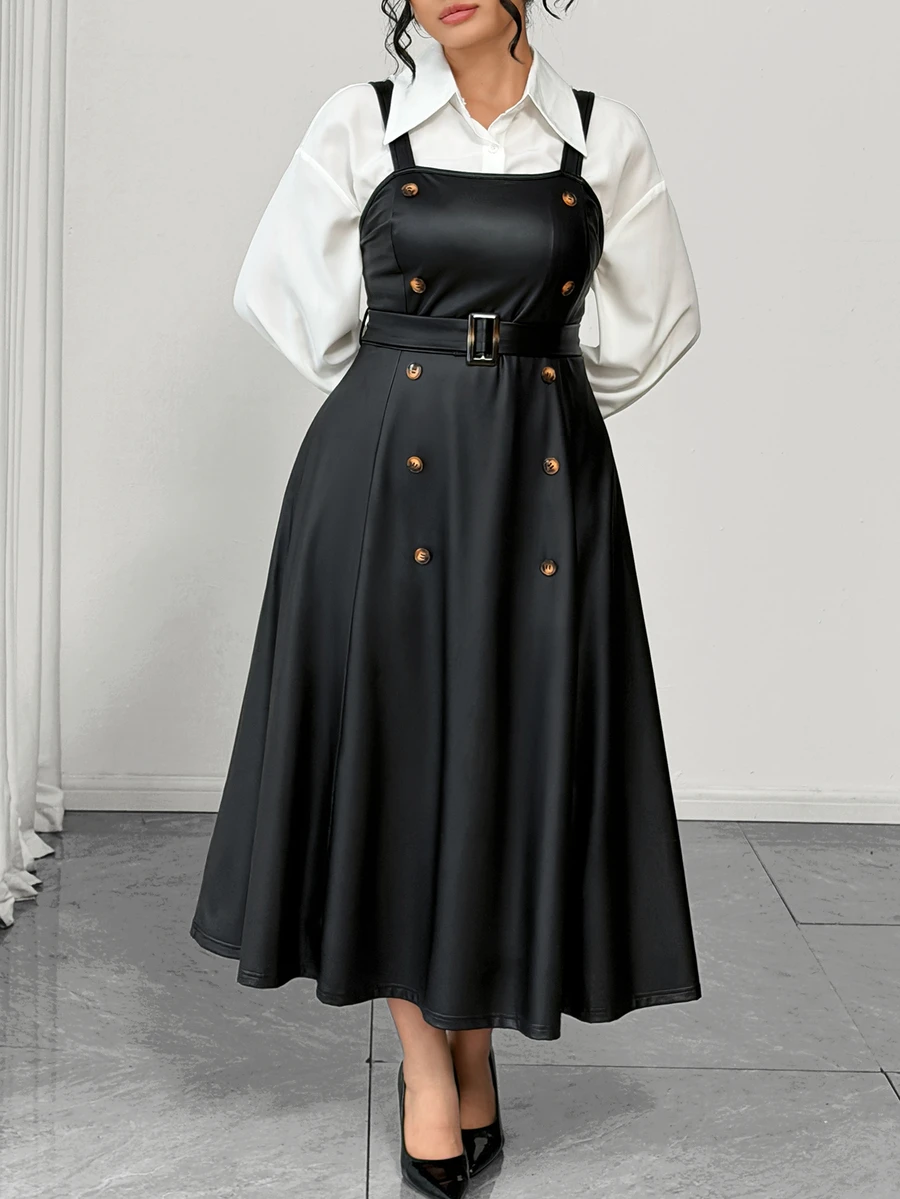 SHEIN Elenzya Plus Size Women's Elegant High-End Button PU Material Dress - Black - View 1