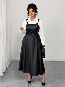 SHEIN Elenzya Plus Size Women's Elegant High-End Button PU Material Dress - Black - View 7