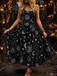 SHEIN LUNE CURVE Gaun Midi Rajut Lembut dengan Tali Bahu Tipis Bermotif Lucu Halloween yang Modis untuk Ukuran Plus - Hitam - View 3