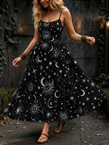 SHEIN LUNE CURVE Gaun Midi Rajut Lembut dengan Tali Bahu Tipis Bermotif Lucu Halloween yang Modis untuk Ukuran Plus - Hitam - View 1