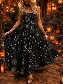 SHEIN LUNE CURVE Gaun Midi Rajut Lembut dengan Tali Bahu Tipis Bermotif Lucu Halloween yang Modis untuk Ukuran Plus - Hitam - View 7