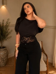 kyraskinnerx 女士时尚黑色针织蕾丝拼布斜肩上衣，秋冬 - 黑色 - 查看 1