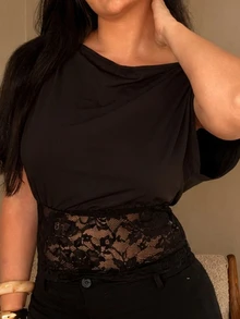 kyraskinnerx 女士时尚黑色针织蕾丝拼布斜肩上衣，秋冬 - 黑色 - 查看 4