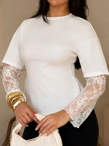 kyraskinnerx 女士白色针织腰部设计撞色蕾丝二合一T恤，适合外出、街头、Y2K风格，白色蕾丝袖上衣 - 白色 - 查看 4