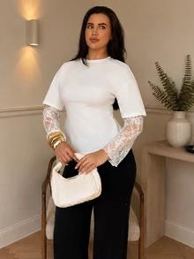 kyraskinnerx 女士白色针织腰部设计撞色蕾丝二合一T恤，适合外出、街头、Y2K风格，白色蕾丝袖上衣 - 白色 - 查看 3