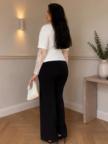 kyraskinnerx 女士白色针织腰部设计撞色蕾丝二合一T恤，适合外出、街头、Y2K风格，白色蕾丝袖上衣 - 白色 - 查看 2