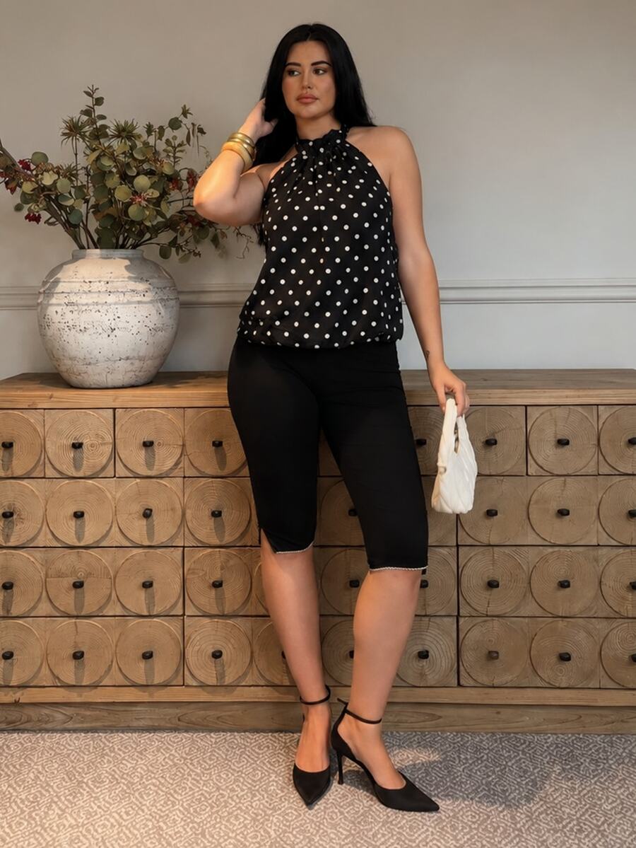 kyraskinnerx 黑白波点露背吊带性感短款上衣,适合音乐节、度假等场合。 - 黑色 - 查看 1