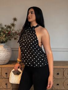 kyraskinnerx 黑白波点露背吊带性感短款上衣，适合音乐节、度假等场合。 - 黑色 - 查看 3