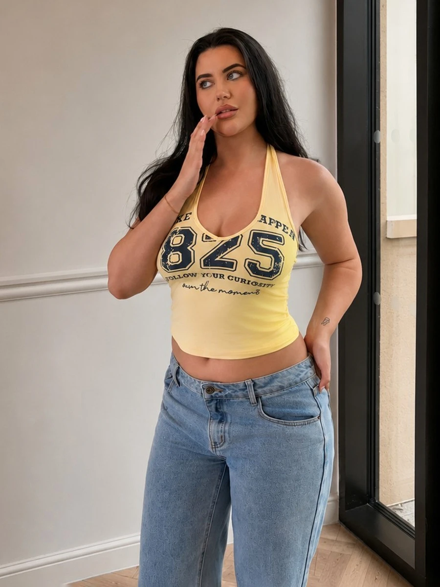 kyraskinnerx 女士黄色V领数字学院风印花街头休闲上衣,适合度假、音乐节、Y2K少女风2000年代风格吊带背心 - 黃色 - 查看 1