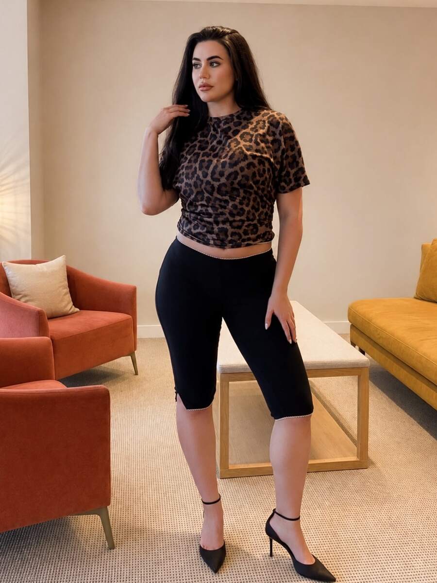 kyraskinnerx 女款 91% 棉黑色針織彈性七分內搭褲,黑白配色,夏季運動休閒風,適合健身房、經典運動時尚、海灘、春假與波希米亞風 - 黑色 - 查看 1