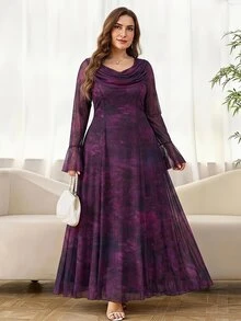 Reflora 大尺碼女款深紫色優雅洋裝，垂領設計配喇叭袖，適合婚禮、正式場合、雞尾酒會、秋季晚餐與晚宴 - 彩色 - 查看 7