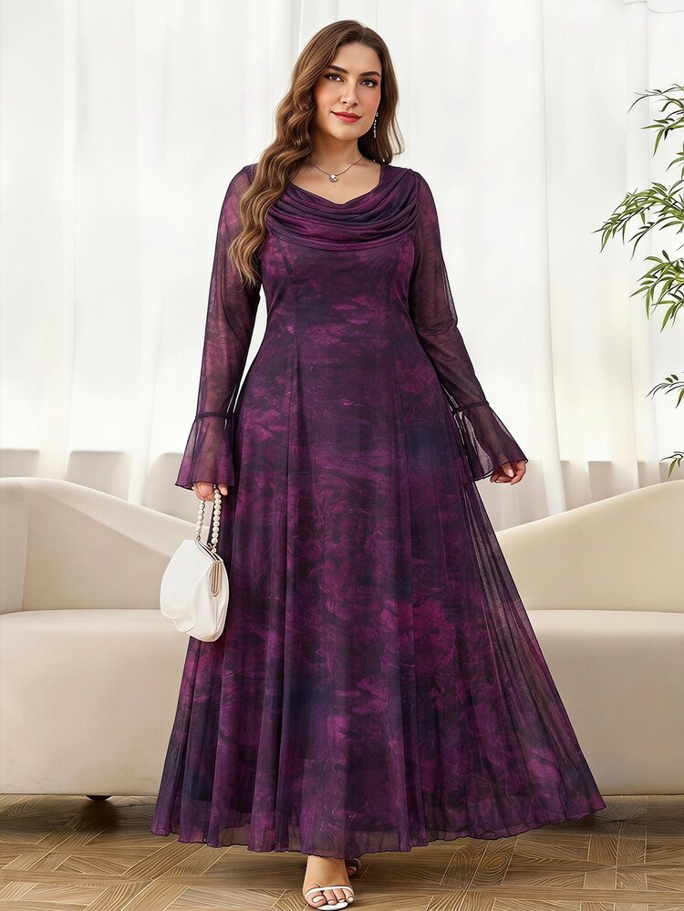 Reflora Plus Size Women's Tie-Dye Elegant Dress With Cowl Neck And Bell Sleeves - Multicolor - View 6