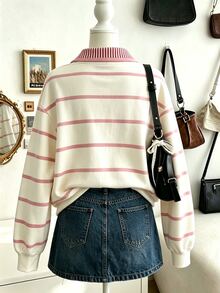 Lalippa Casual Striped Polo Sports Shirt, Women's Collegiate Style Half-Zip Long Sleeve Top - Multicolor - View 2