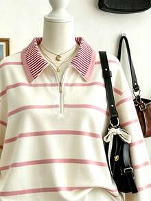 Lalippa Casual Striped Polo Sports Shirt, Women's Collegiate Style Half-Zip Long Sleeve Top - Multicolor - View 3