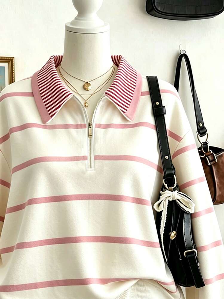 Lalippa Casual Striped Polo Sports Shirt, Women's Collegiate Style Half-Zip Long Sleeve Top - Multicolor - View 3