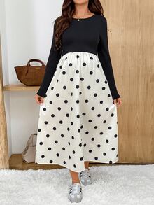 SHEIN Maternity Polka Dot Print Patchwork Dress,Autumn And Winter,Autumn Fall - Black and White - View 3