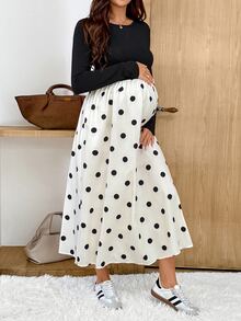 SHEIN Maternity Polka Dot Print Patchwork Dress,Autumn And Winter,Autumn Fall - Black and White - View 8