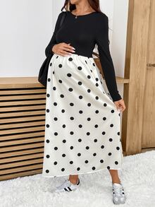 SHEIN Maternity Polka Dot Print Patchwork Dress,Autumn And Winter,Autumn Fall - Black and White - View 7