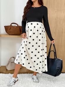 SHEIN Maternity Polka Dot Print Patchwork Dress,Autumn And Winter,Autumn Fall - Black and White - View 4