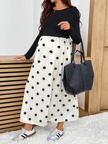 SHEIN Maternity Polka Dot Print Patchwork Dress,Autumn And Winter,Autumn Fall - Black and White - View 6