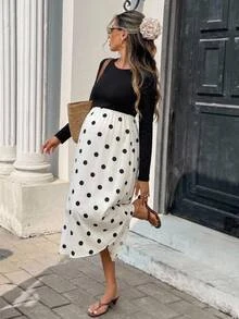 SHEIN Maternity Polka Dot Print Patchwork Dress,Autumn And Winter,Autumn Fall - Black and White - View 2