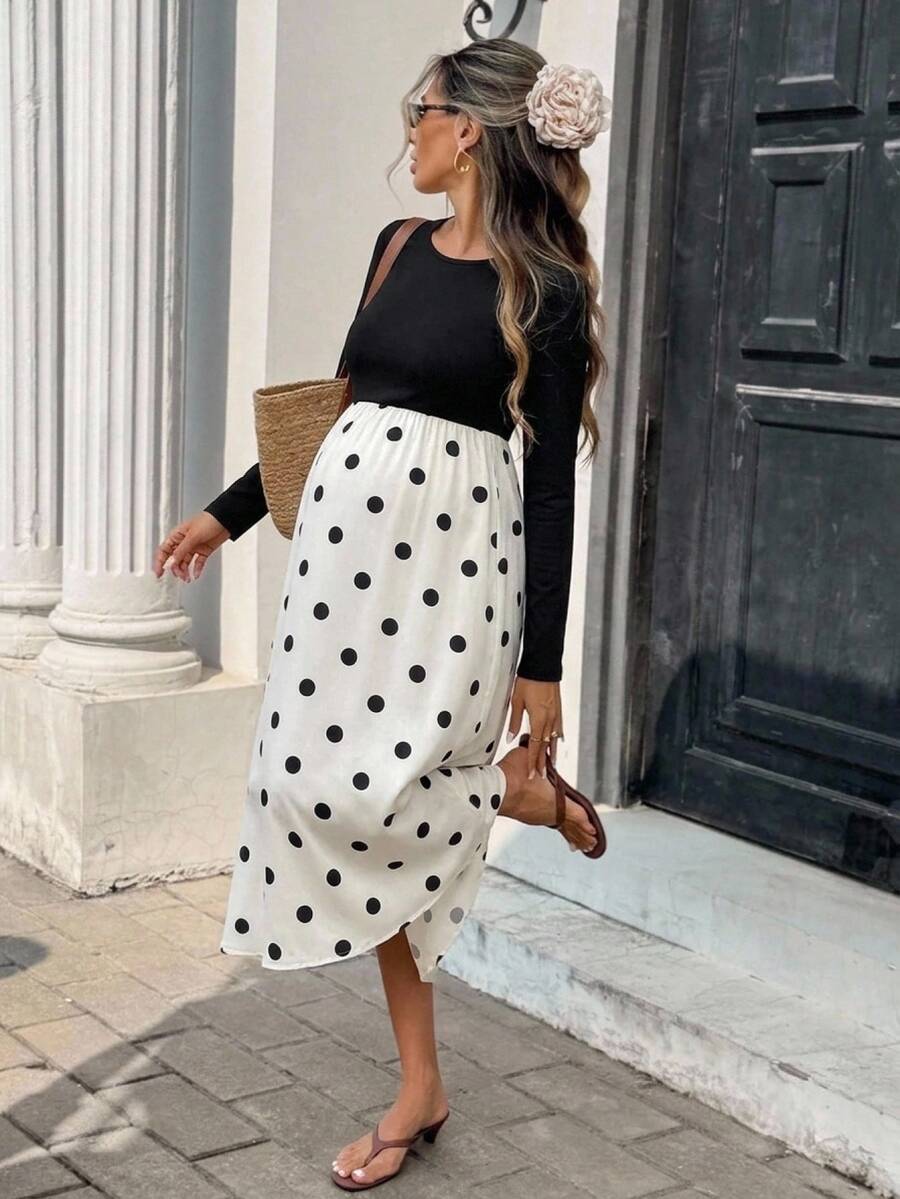 SHEIN Maternity Polka Dot Print Patchwork Dress,Autumn And Winter,Autumn Fall - Black and White - View 1