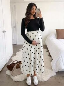 SHEIN Maternity Polka Dot Print Patchwork Dress,Autumn And Winter,Autumn Fall - Black and White - View 1