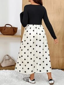 SHEIN Maternity Polka Dot Print Patchwork Dress,Autumn And Winter,Autumn Fall - Black and White - View 9