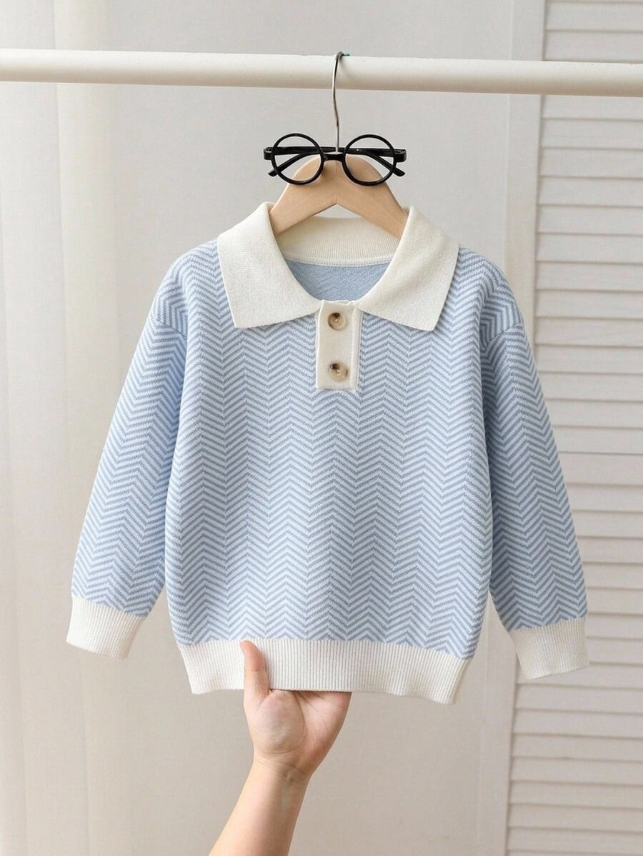 Young Boy Blue & White Contrast Color Cute Medium-Thick Half-Button Pullover Long Sleeve Knitted Sweater, Suitable For Outdoor Wear, Layering With Jackets And More - Blue and White - View 1
