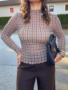Jeta Ari Women's Fashionable Retro Brown Plaid Slim Fit Lightweight Long Sleeve Summer Tops - Brown - View 7