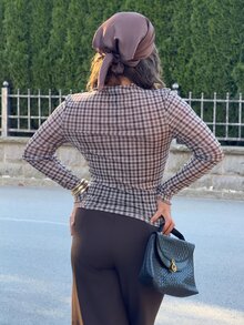 Jeta Ari Women's Fashionable Retro Brown Plaid Slim Fit Lightweight Long Sleeve Summer Tops - Brown - View 3