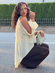 Jeta Ari 女款淡黃色鏤空荷葉袖掛脖式不對稱下擺襯衫，優雅茶會風夏季飄逸半透波希米亞度假襯衫 - 淡黃色 - 查看 3
