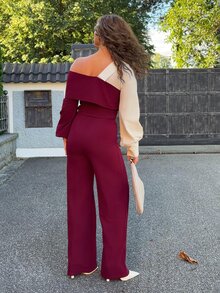 Jeta Ari 2pcs/Set V-Neck Contrast Color Patchwork Top And Straight Leg Pants, Casual Autumn/Winter - Burgundy - View 2