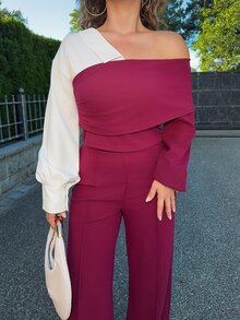 Jeta Ari 2pcs/Set V-Neck Contrast Color Patchwork Top And Straight Leg Pants, Casual Autumn/Winter - Burgundy - View 3