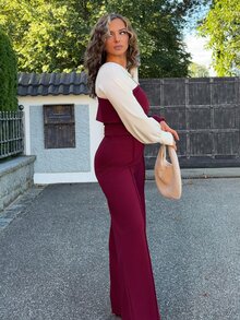 Jeta Ari 2pcs/Set V-Neck Contrast Color Patchwork Top And Straight Leg Pants, Casual Autumn/Winter - Burgundy - View 4