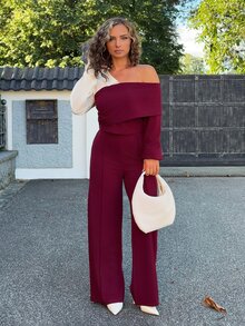Jeta Ari 2pcs/Set V-Neck Contrast Color Patchwork Top And Straight Leg Pants, Casual Autumn/Winter - Burgundy - View 6