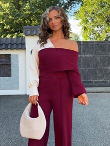 Jeta Ari 2pcs/Set V-Neck Contrast Color Patchwork Top And Straight Leg Pants, Casual Autumn/Winter - Burgundy - View 5