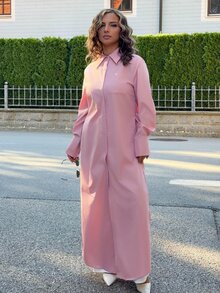 Jeta Ari 女款海灘早午餐度假鄉村音樂節純色長袖單排扣開衩下擺襯衫，優雅辦公商務風，粉紅色 - 粉色 - 查看 5